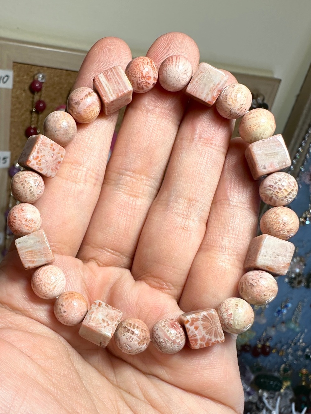 7.25 inch Pink Fossil Coral Beaded Stretch Bracelet 8 - 8.5 mm